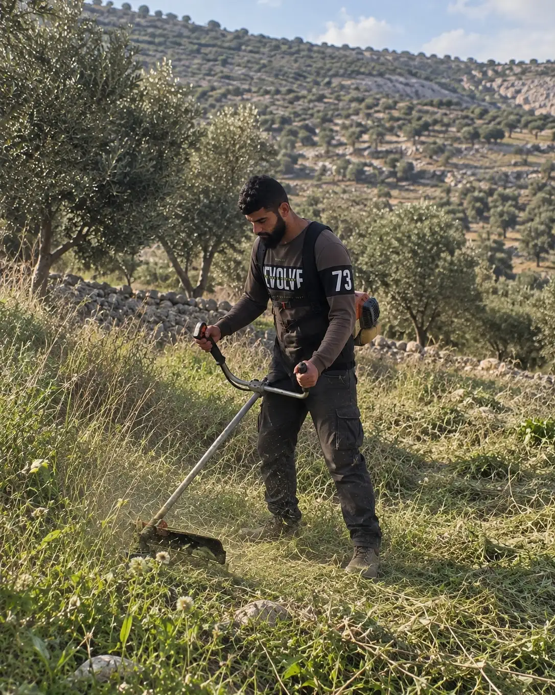 تنظيف أرض من العشب بماكينة قص